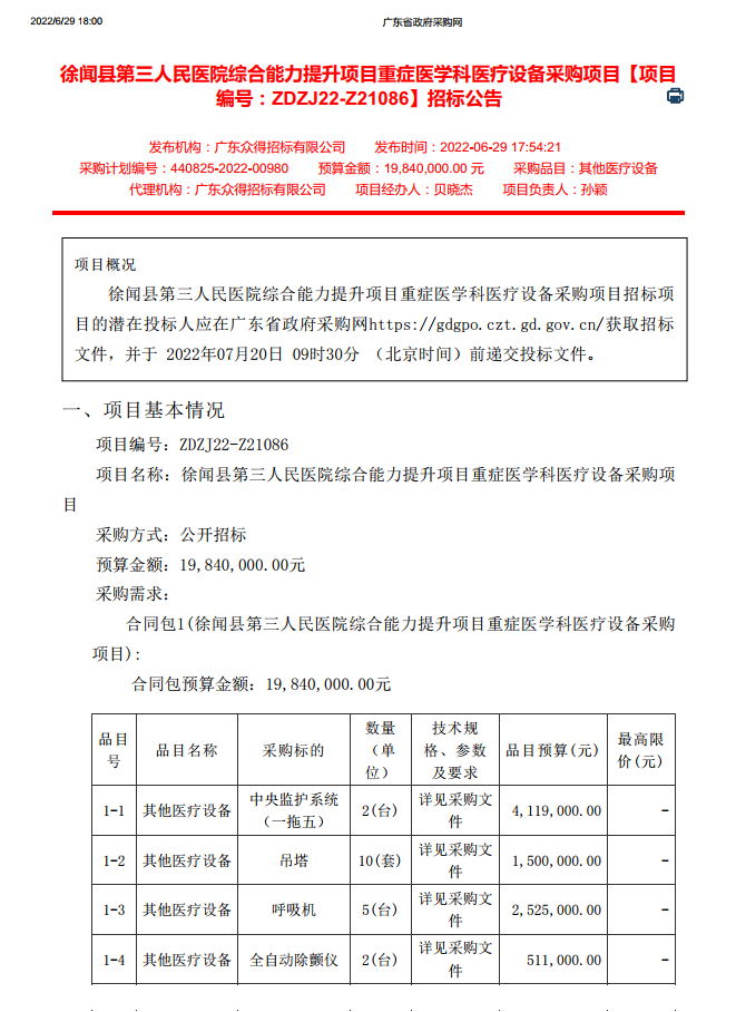 徐聞縣第三人民醫(yī)院綜合能力提升項(xiàng)目重癥醫(yī)學(xué)科醫(yī)療設(shè)備采購(gòu)項(xiàng)目【項(xiàng)目 編號(hào)：ZDZJ22-Z21086】招標(biāo)公告(圖1)