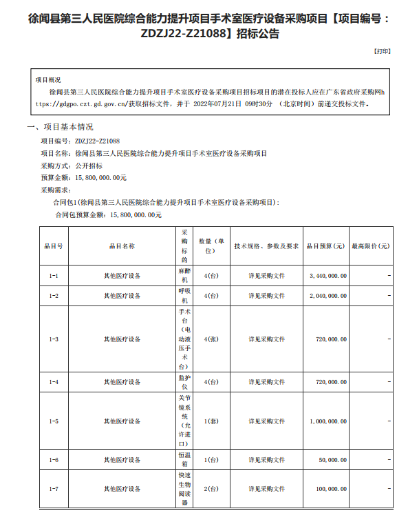 徐聞縣第三人民醫(yī)院綜合能力提升項(xiàng)目手術(shù)室醫(yī)療設(shè)備采購項(xiàng)目【項(xiàng)目編號(hào)： ZDZJ22-Z21088】招標(biāo)公告(圖1)