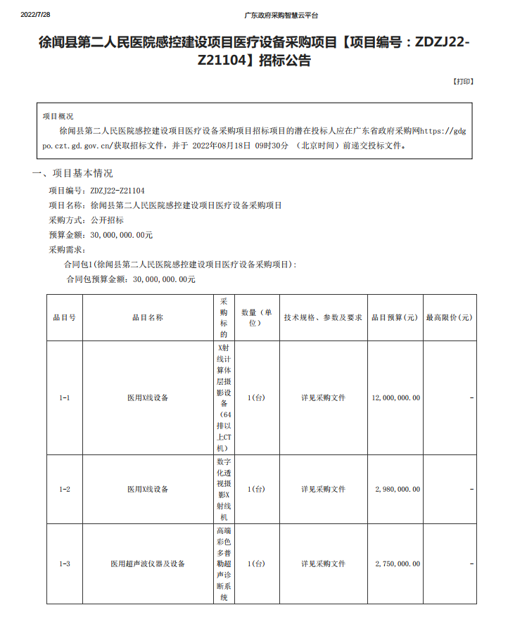 徐聞縣第二人民醫(yī)院感控建設項目醫(yī)療設備采購項目【項目編號：ZDZJ22- Z21104】招標公告(圖1)