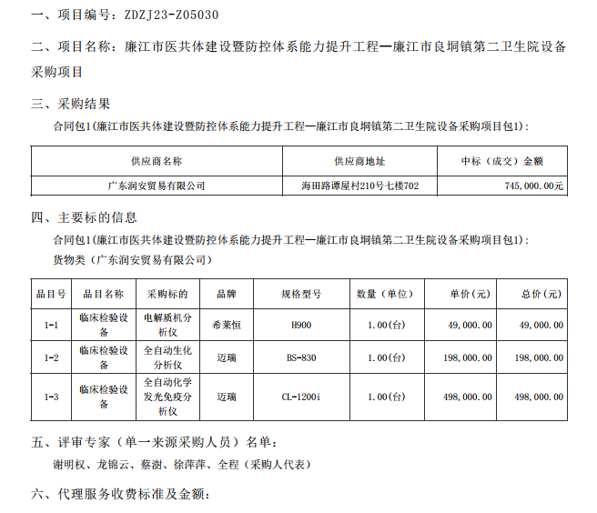 廉江市醫(yī)共體建設(shè)暨防控體系能力提升工程—廉江市良垌鎮(zhèn)第二衛(wèi)生院設(shè)備采購項目【項目編 號：ZDZJ23-Z05030】（包 1）結(jié)果公告(圖1)